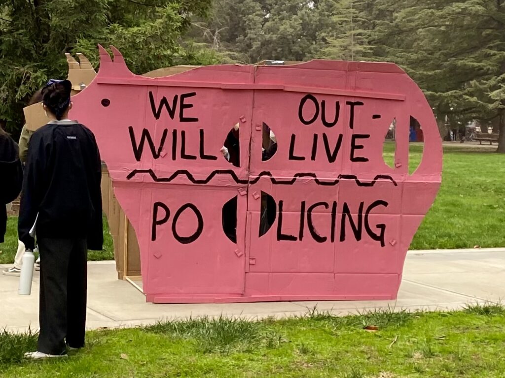 pink cardboard pig with the slogan "We will outlive policing" parading on the Quad during the Pepper Spray decaversary