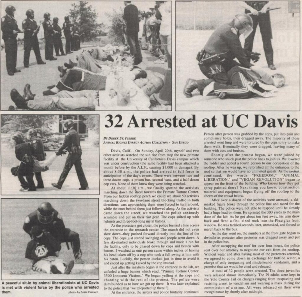 newpaper article with "32 arrested at UC Davis" headline