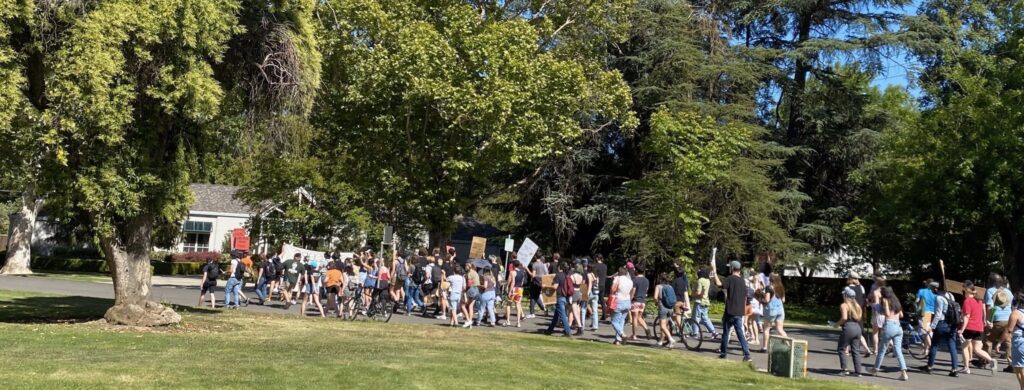 panoramic view of march toward Chancellor Gary May's residence