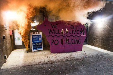 UCD Police Station visited by large pink pig with slogan "we will outlive policing"; colored flare