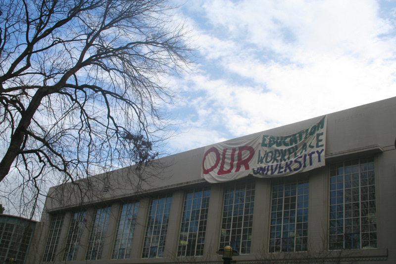 Shields Library with "OUR education/workspace/university" banner drop