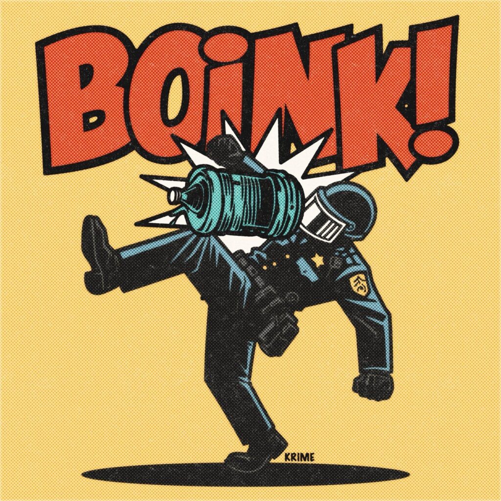 cop being struck by a water cooler with text reading "BOINK!" behind